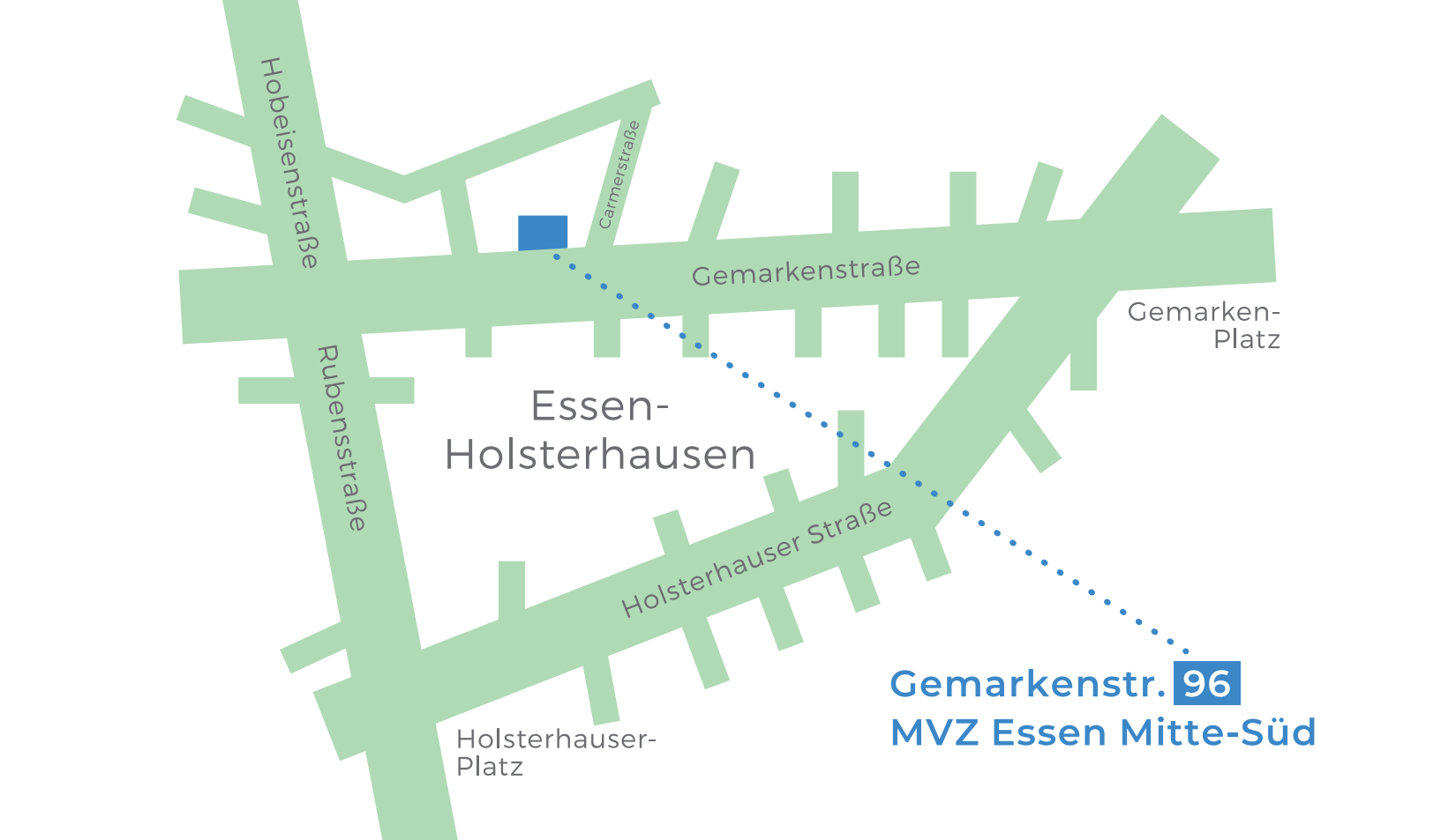 Anfahrtsskizze: Das MVZ liegt an der Gemarkenstraße 96 nahe der Carmenstraße zwischen Hobeisenstraße und Gemarkenplatz.